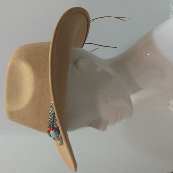 None Other - Unisex Western Southern Tan Cowboy Hat Turquoise Tassels Pendants Fringe Accent